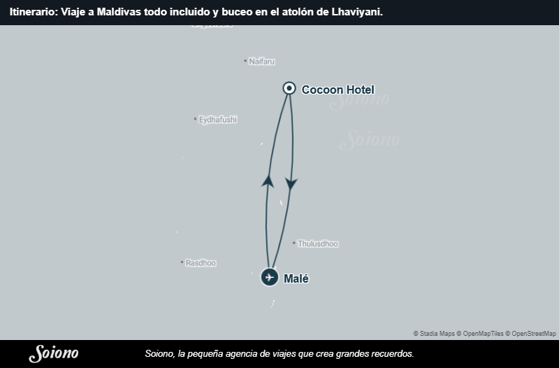 Mapa del itinerario del viaje: Viaje a Maldivas todo incluido y buceo en el atolón de Lhaviyani.