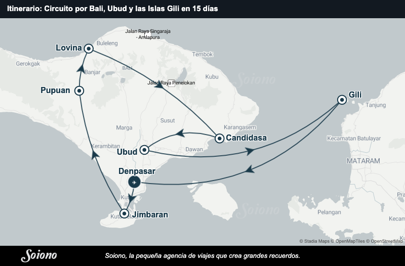 Mapa del itinerario del viaje: Circuito por Bali, Ubud y las Islas Gili en 15 días