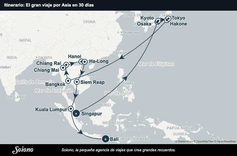 Mapa del itinerario del viaje: El gran viaje por Asia en 30 días