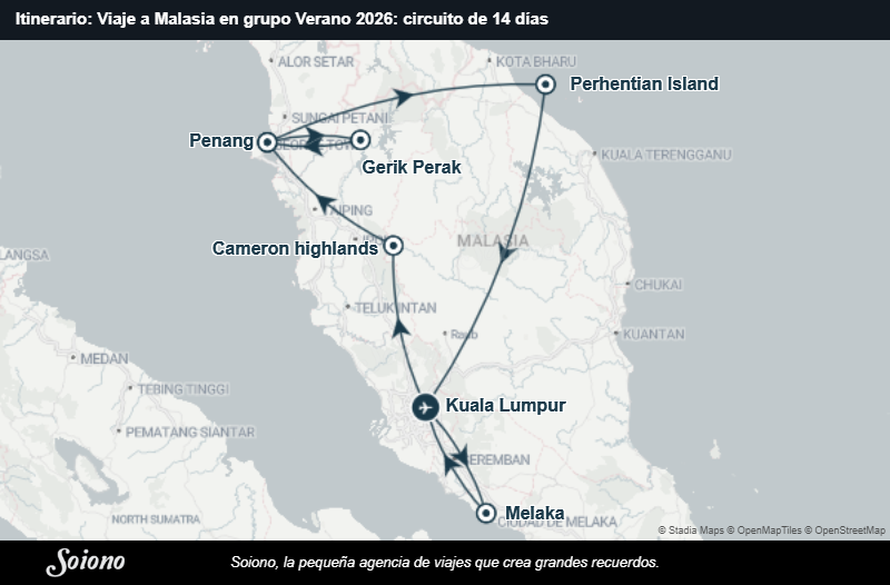 Mapa del itinerario del viaje: Viaje a Malasia en grupo Verano 2026: circuito de 14 días