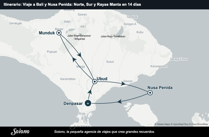 Mapa del itinerario del viaje: Viaje a Bali y Nusa Penida: Norte, Sur y Rayas Manta en 14 días
