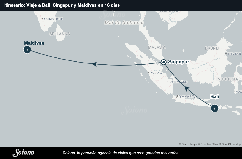 Mapa del itinerario del viaje: Viaje a Bali, Singapur y Maldivas en 16 días