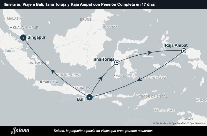 Mapa del itinerario del viaje: Viaje a Bali, Tana Toraja y Raja Ampat con Pensión Completa en 17 días