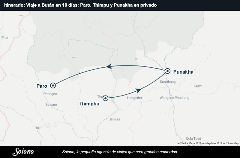 Mapa del itinerario del viaje: Viaje a Bután en 10 días: Paro, Thimpu y Punakha en privado