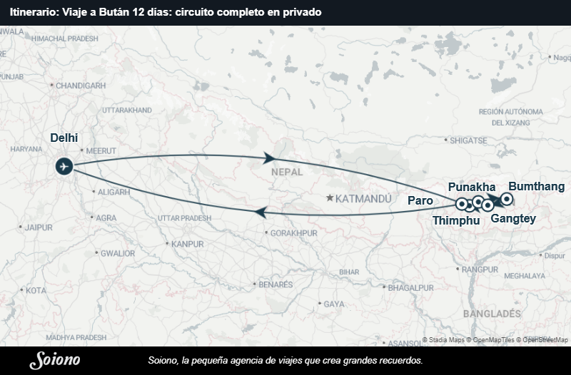 Mapa del itinerario del viaje: Viaje a Bután 12 días: circuito completo en privado