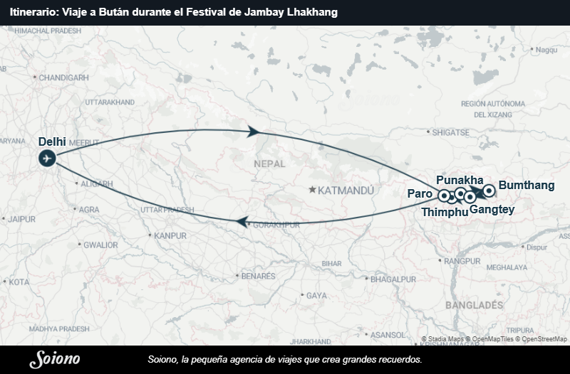 Mapa del itinerario del viaje: Viaje a Bután durante el Festival de Jambay Lhakhang