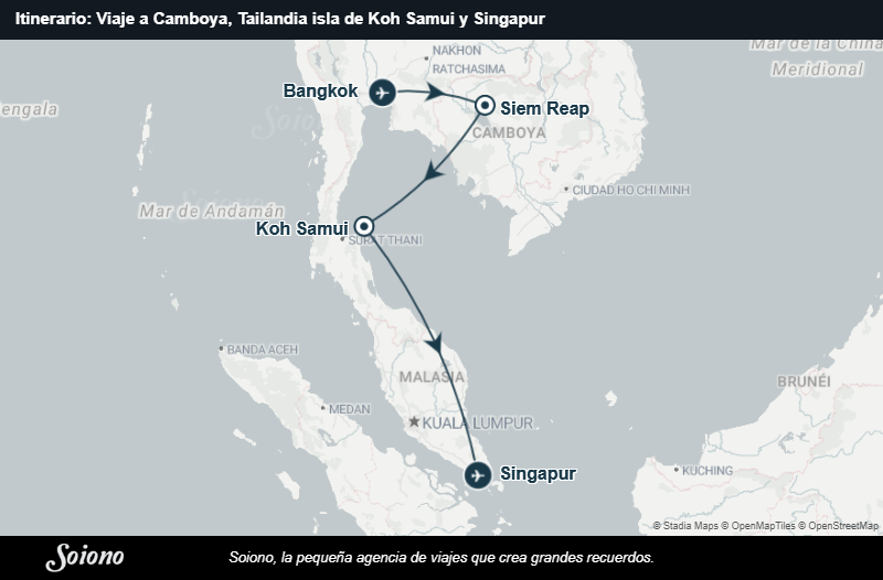 Mapa del itinerario del viaje: Viaje a Camboya, Tailandia isla de Koh Samui y Singapur