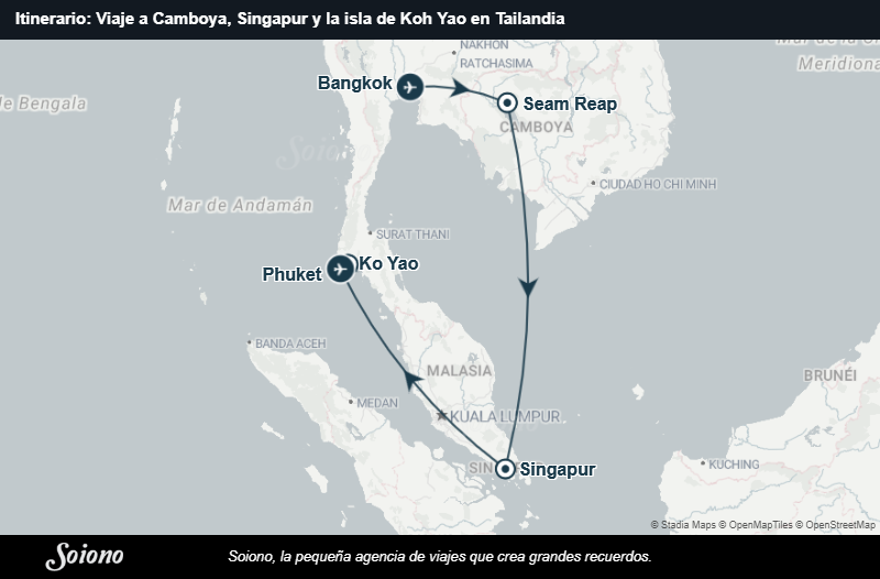 Mapa del itinerario del viaje: Viaje a Camboya, Singapur y la isla de Koh Yao en Tailandia