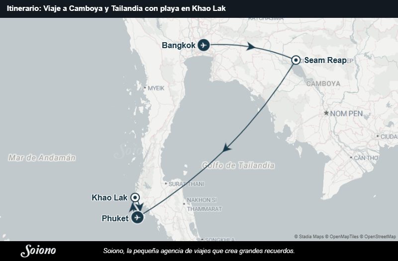 Mapa del itinerario del viaje: Viaje a Camboya y Tailandia con playa en Khao Lak