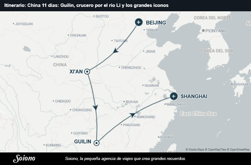 Mapa del itinerario del viaje: China 11 días: Guilin, crucero por el río Li y los grandes iconos