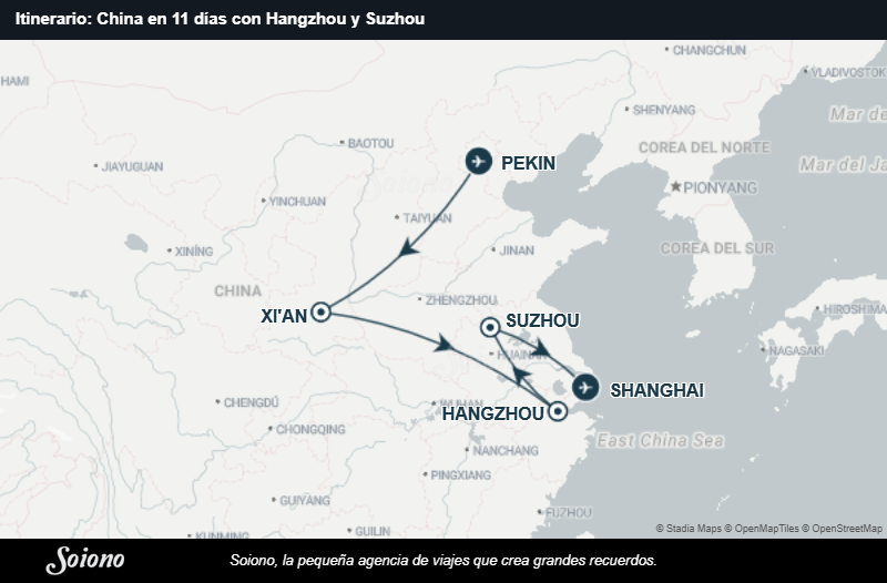 Mapa del itinerario del viaje: China en 11 días con Hangzhou y Suzhou