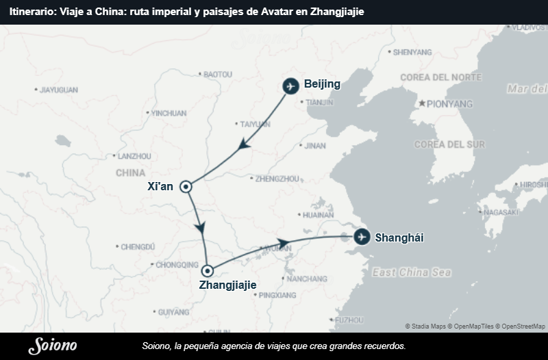 Mapa del itinerario del viaje: Viaje a China: ruta imperial y paisajes de Avatar en Zhangjiajie