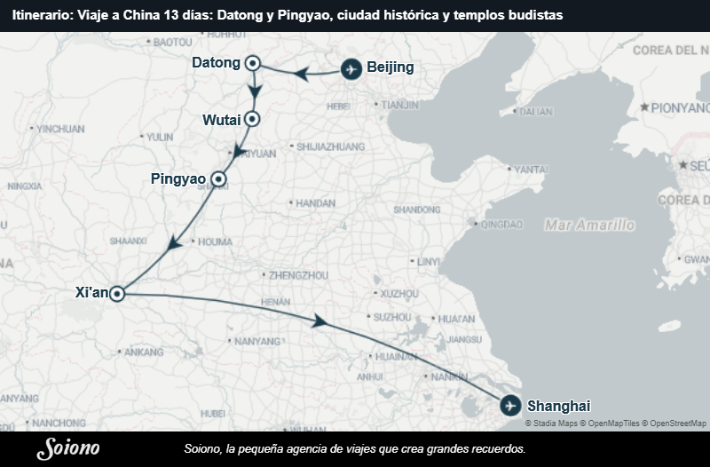 Mapa del itinerario del viaje: Viaje a China 13 días: Datong y Pingyao, ciudad histórica y templos budistas