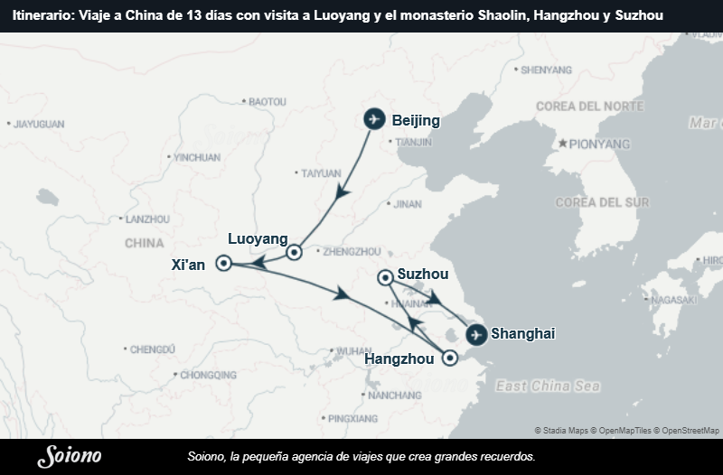 Mapa del itinerario del viaje: Viaje a China de 13 días con visita a Luoyang y el monasterio Shaolin, Hangzhou y Suzhou