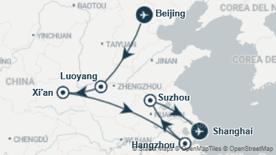 Mapa: Viaje a China de 13 días con visita a Luoyang y el monasterio Shaolin, Hangzhou y Suzhou