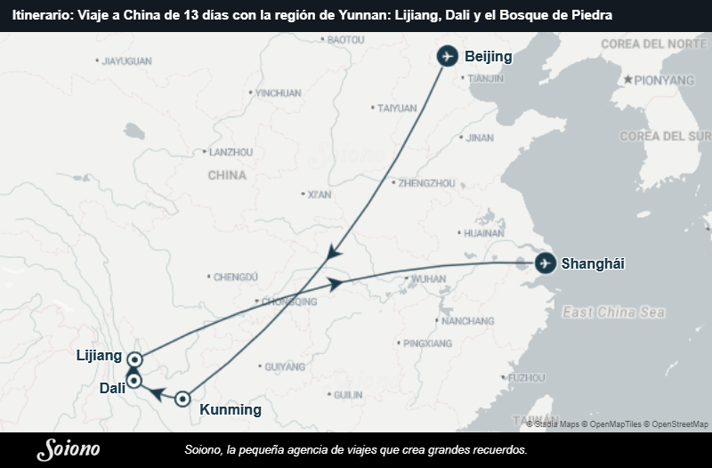 Mapa del itinerario del viaje: Viaje a China de 13 días con la región de Yunnan: Lijiang, Dali y el Bosque de Piedra