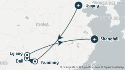 Mapa: Viaje a China de 13 días con la región de Yunnan: Lijiang, Dali y el Bosque de Piedra
