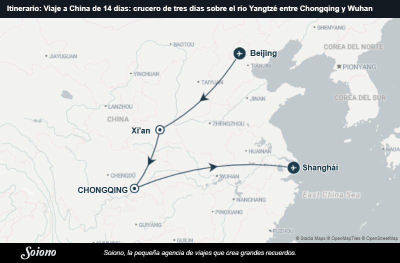 Mapa del itinerario del viaje: Viaje a China de 14 días: crucero de tres días sobre el río Yangtzé entre Chongqing y Yichang