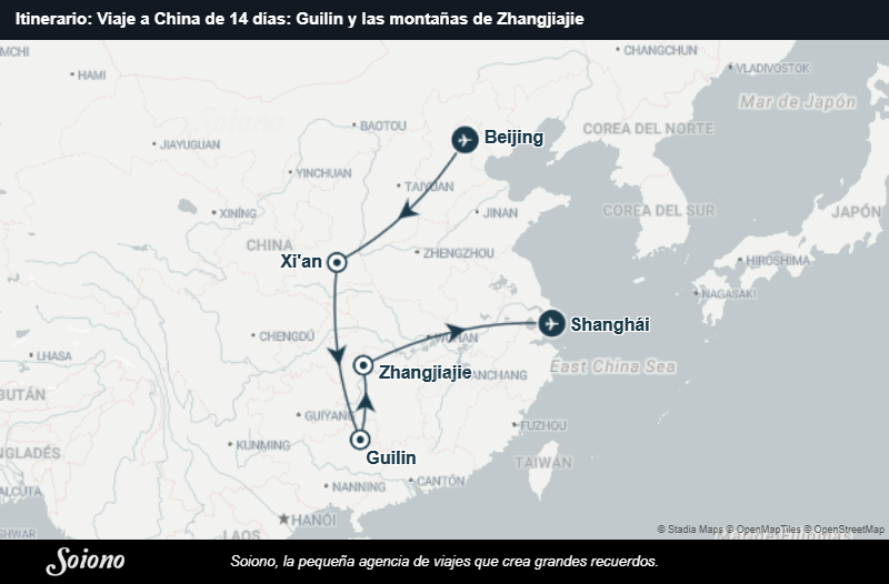 Mapa del itinerario del viaje: Viaje a China de 14 días: Guilin y las montañas de Zhangjiajie