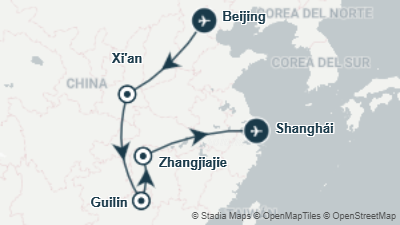 Mapa: Viaje a China de 14 días: Guilin y las montañas de Zhangjiajie