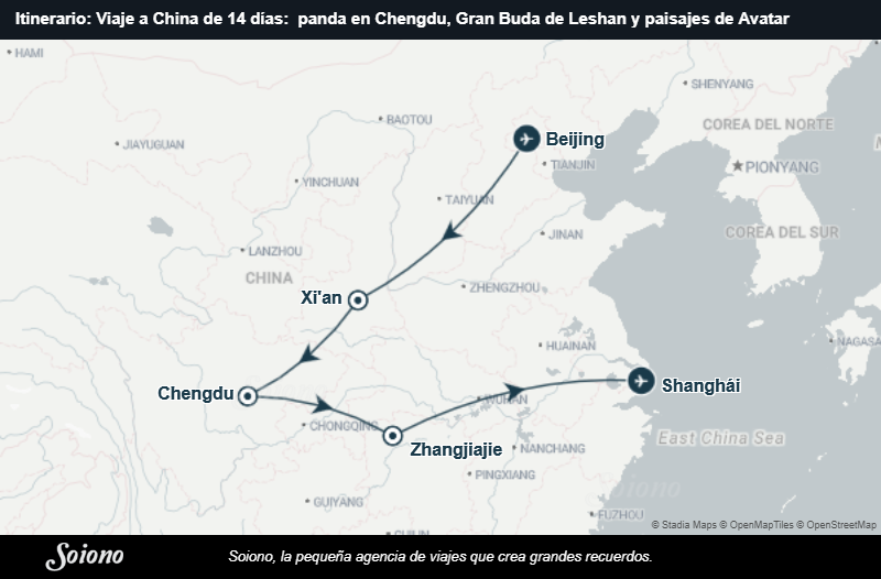 Mapa del itinerario del viaje: Viaje a China de 14 días:  panda en Chengdu, Gran Buda de Leshan y paisajes de Avatar