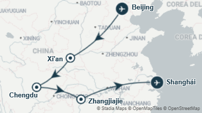 Mapa: Viaje a China de 14 días:  panda en Chengdu, Gran Buda de Leshan y paisajes de Avatar