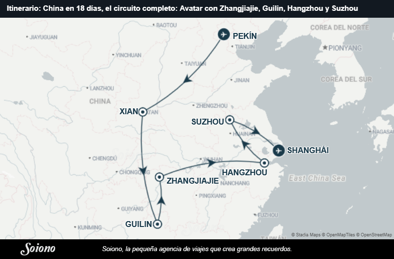 Mapa del itinerario del viaje: China en 18 días, el circuito completo: Avatar con Zhangjiajie, Guilin, Hangzhou y Suzhou