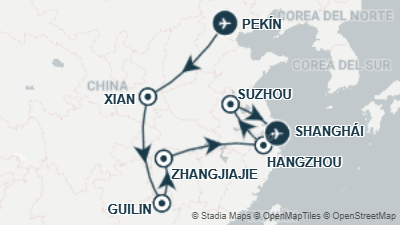 Mapa: China en 18 días, el circuito completo: Avatar con Zhangjiajie, Guilin, Hangzhou y Suzhou