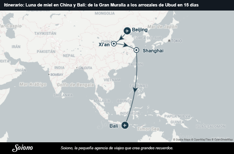 Mapa del itinerario del viaje: Luna de miel en China y Bali: de la Gran Muralla a los arrozales de Ubud en 15 días