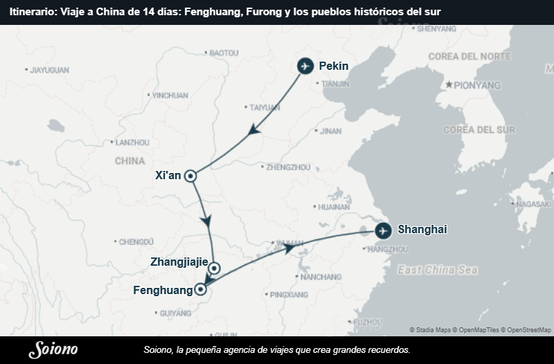 Mapa del itinerario del viaje: Viaje a China de 14 días: Fenghuang, Furong y los pueblos históricos del sur