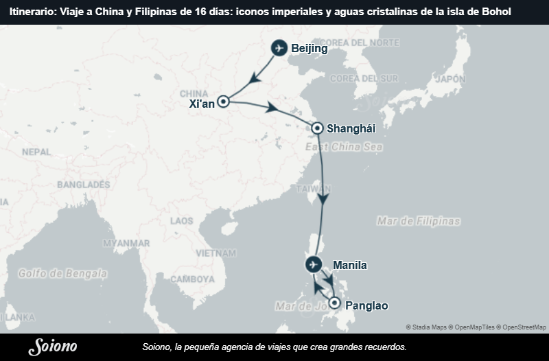 Mapa del itinerario del viaje: Viaje a China y Filipinas de 16 días: iconos imperiales y aguas cristalinas de la isla de Bohol