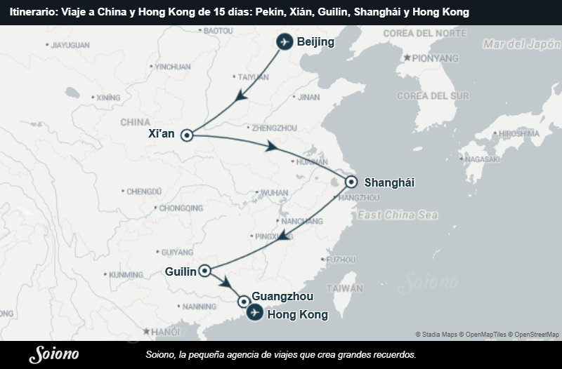 Mapa del itinerario del viaje: Viaje a China y Hong Kong de 15 días con Pekín, Xián, Guilin, Shanghái