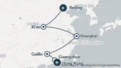 Mapa: Viaje a China y Hong Kong de 15 días con Pekín, Xián, Guilin, Shanghái