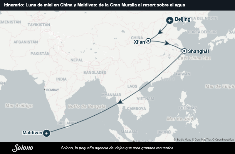 Mapa del itinerario del viaje: Luna de miel en China y Maldivas: de la Gran Muralla al resort sobre el agua