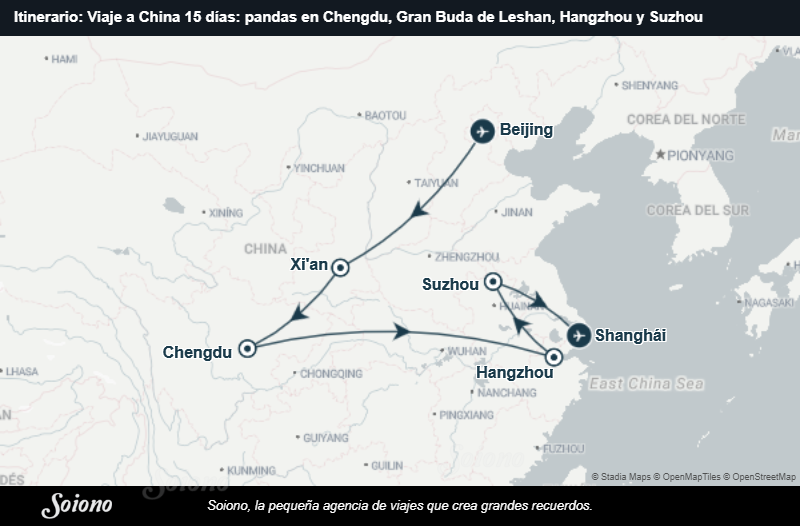Mapa del itinerario del viaje: Viaje a China 15 días: pandas en Chengdu, Gran Buda de Leshan, Hangzhou y Suzhou