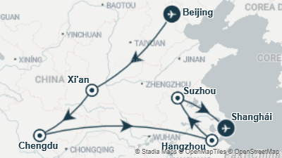 Mapa: Viaje a China 15 días: pandas en Chengdu, Gran Buda de Leshan, Hangzhou y Suzhou