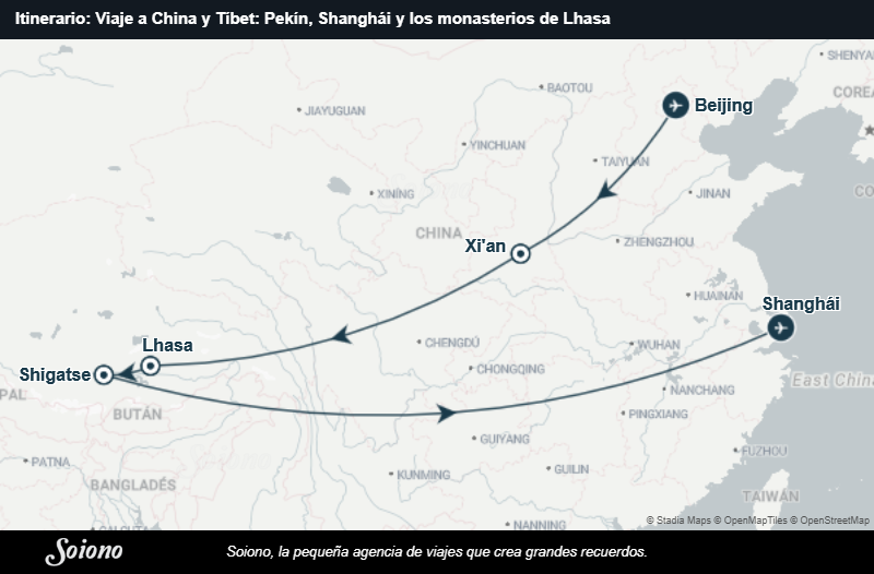 Mapa del itinerario del viaje: Viaje a China y Tíbet: Pekín, Shanghái y los monasterios de Lhasa
