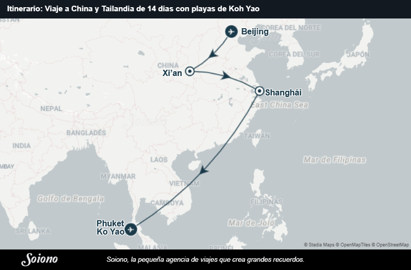 Mapa del itinerario del viaje: Viaje a China y Tailandia de 14 días con playas de Koh Yao