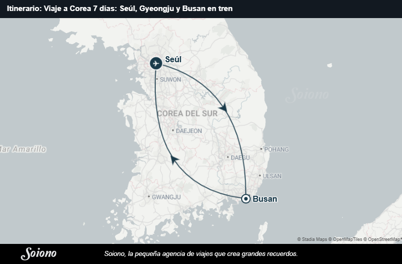 Mapa del itinerario del viaje: Viaje a Corea 7 días: Seúl, Gyeongju y Busan en tren