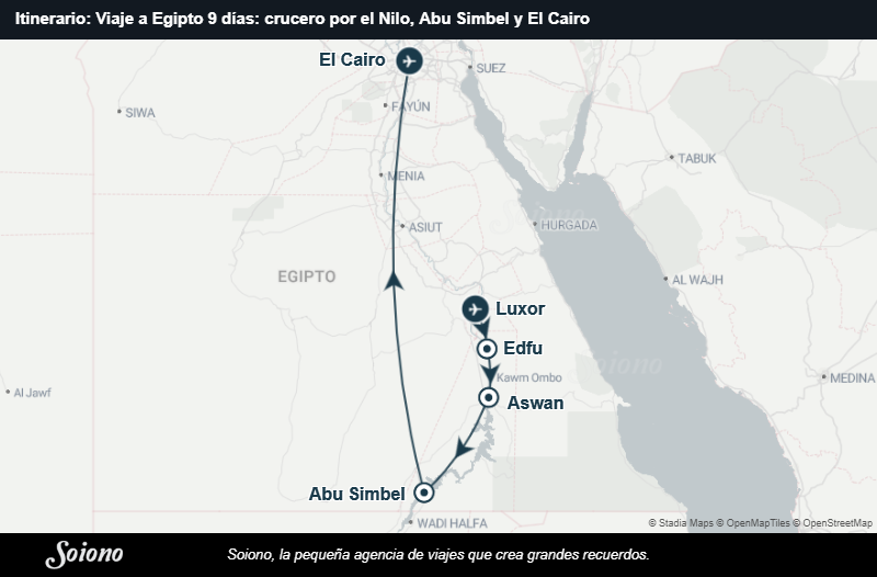 Mapa del itinerario del viaje: Viaje a Egipto 9 días: crucero por el Nilo, Abu Simbel y El Cairo