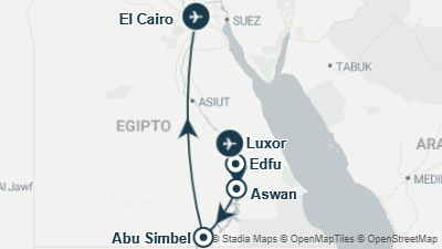 Mapa: Viaje a Egipto 9 días: crucero por el Nilo, Abu Simbel y El Cairo