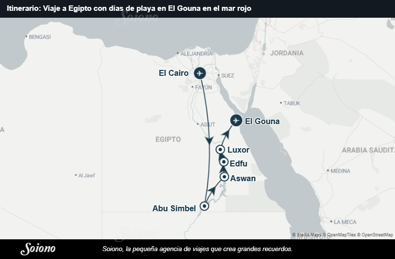 Mapa del itinerario del viaje: Viaje a Egipto con días de playa en El Gouna en el mar rojo