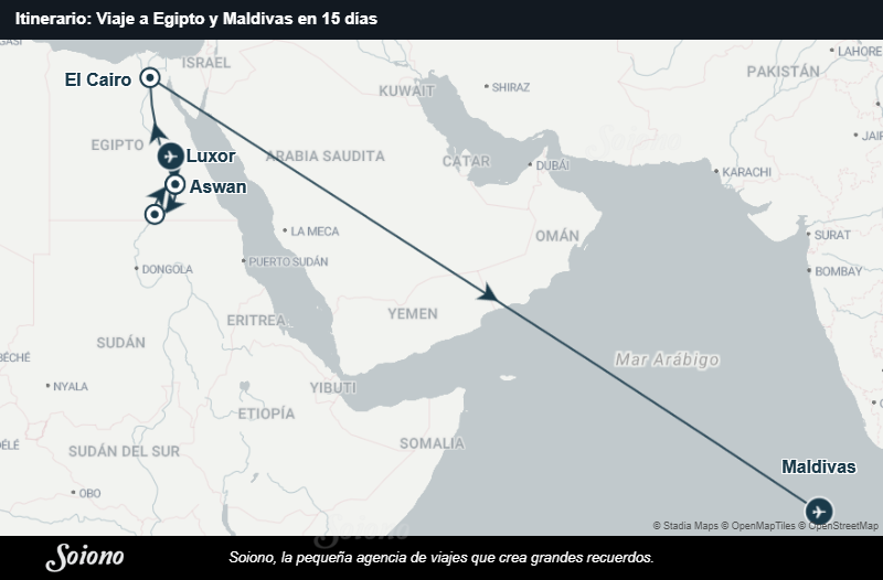 Mapa del itinerario del viaje: Viaje a Egipto y Maldivas en 15 días
