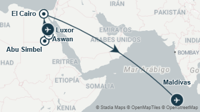 Mapa: Viaje a Egipto y Maldivas en 15 días