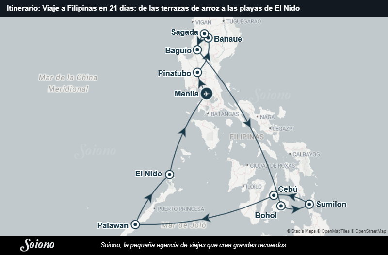 Mapa del itinerario del viaje: Viaje a Filipinas en 21 días: de las terrazas de arroz a las playas de El Nido