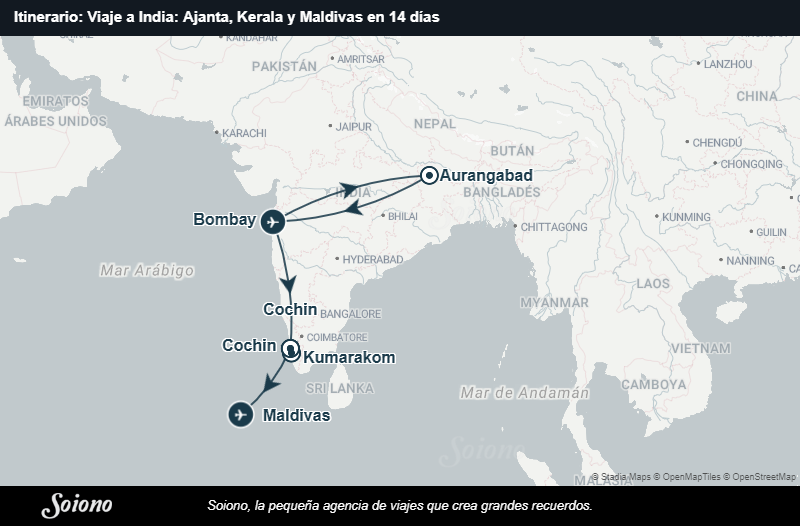Mapa del itinerario del viaje: Viaje a India: Ajanta, Kerala y Maldivas en 14 días