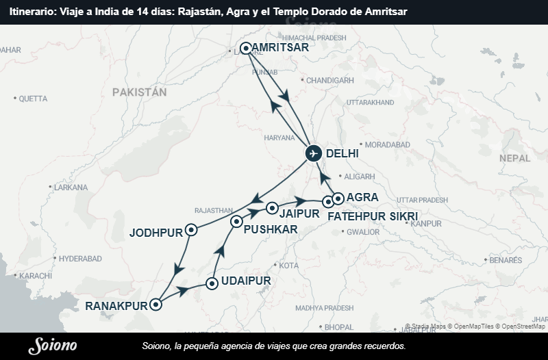 Mapa del itinerario del viaje: Viaje a India de 14 días: Rajastán, Agra y el Templo Dorado de Amritsar