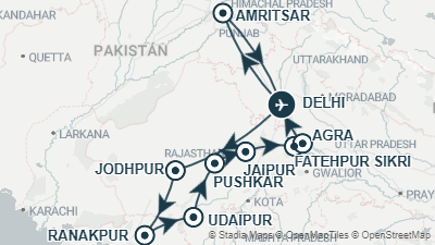 Mapa: Viaje a India de 14 días: Rajastán, Agra y el Templo Dorado de Amritsar