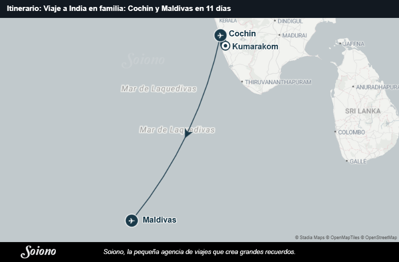 Mapa del itinerario del viaje: Viaje a India en familia: Cochin y Maldivas en 11 días