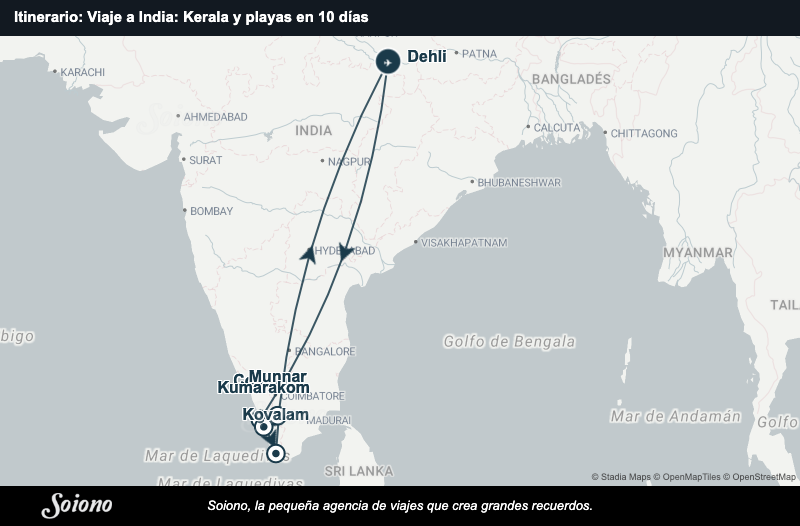 Mapa del itinerario del viaje: Viaje a India: Kerala y playas en 10 días